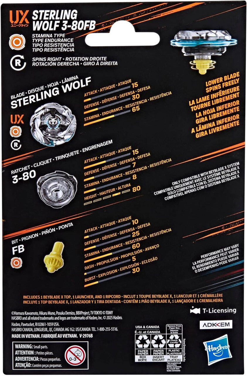 Beyblade X -  Silver Sterling Wolf 3-80FB Beyblade X Starter UX-08 Hasbro