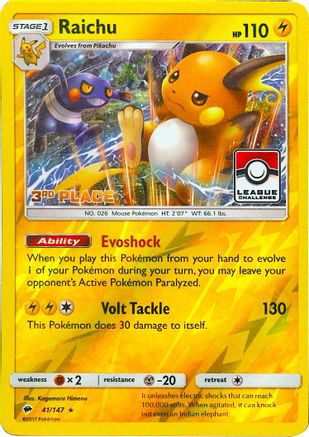 Raichu (League Challenge) [3rd Place] 041/147  - Reverse Holofoil - Promo