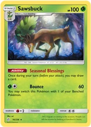 Sawsbuck (16/236) (Kit d'avant-première exclusif) (Exclusivité du deck thématique) [Soleil et Lune : Éclipse cosmique] 