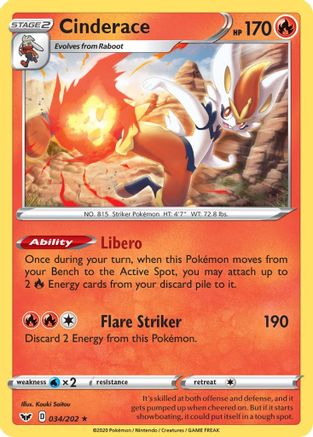 Cinderace (034/202) (Thème Deck Exclusif) [Épée et Bouclier : Ensemble de Base] 