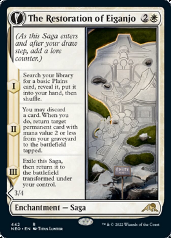 The Restoration of Eiganjo // Architect of Restoration (NEO-442) - Kamigawa: Neon Dynasty: (Extended Art, fandfc, enchantment)