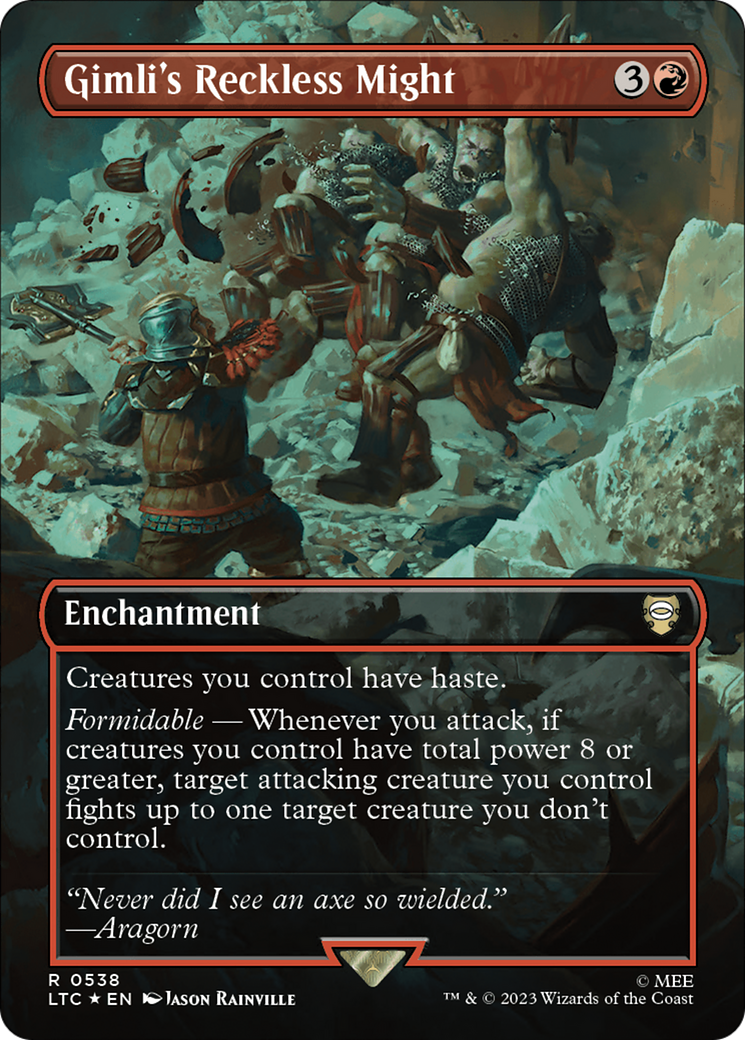 Gimli's Reckless Might (Borderless) (Surge Foil) (LTC-538) - Tales of Middle-earth Commander (Borderless) Foil