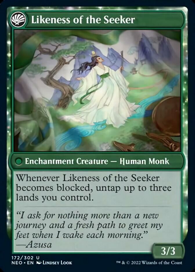 Azusa's Many Journeys // Likeness of the Seeker (NEO-172) - Kamigawa: Neon Dynasty: (fandfc, enchantment)