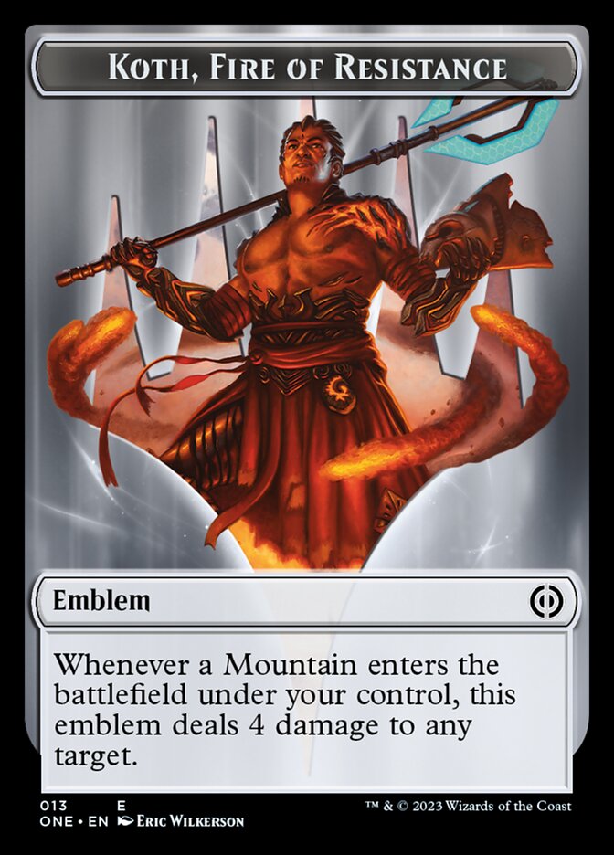 Rebelle // Koth, jeton double face emblème du feu de la résistance [Phyrexia : All Will Be One Tokens] 